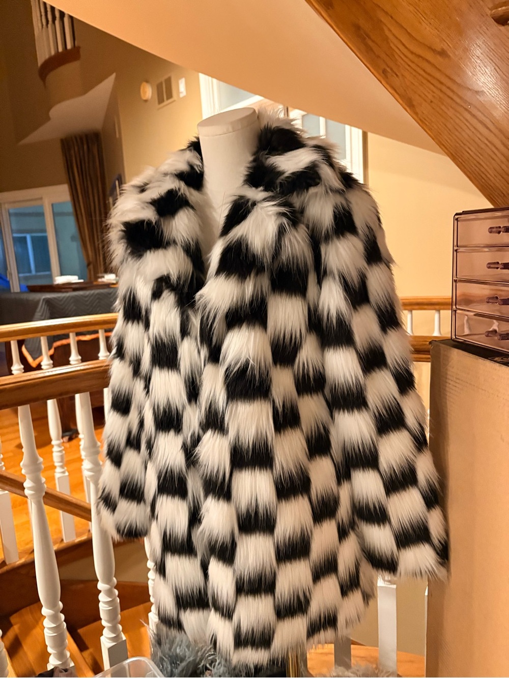 NWT Current Mood Oversized Long Checkered Recipe For Disaster Faux Fur Coat - Picture 3 of 6